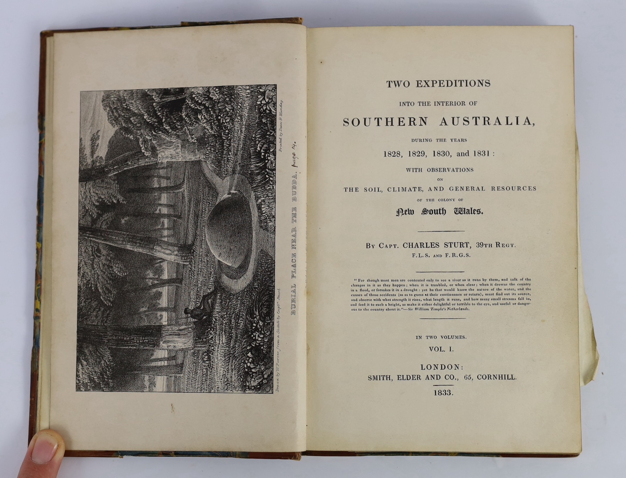 (O'Hara, James) - The History of New South Wales. 2nd edition. old half calf and panelled spine (upper board only present). 1818; Sturt, Charles - Two Expeditions into the Interior of South Australia ... with observation